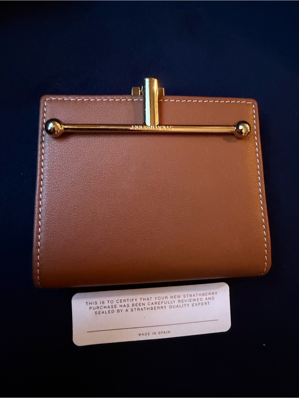 Strathberry Brown Leather Bi-Fold Wallet with Gold Hardware